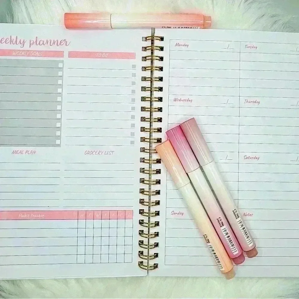 Weekly Planner and Pink Series Highlighter Pen Set Bundle
